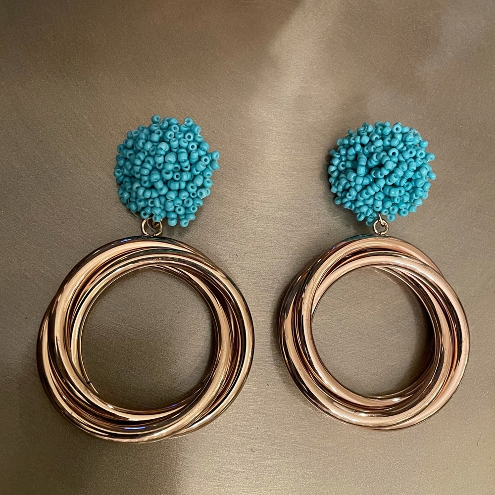 Gold Hoop statement earrings with turquoise beads